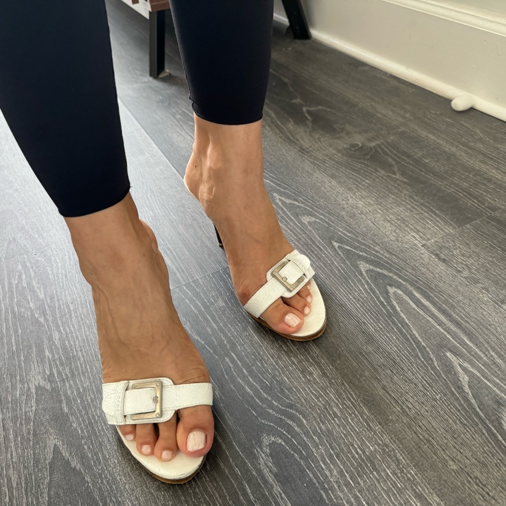 Loewe White Sandals with Silver Buckle